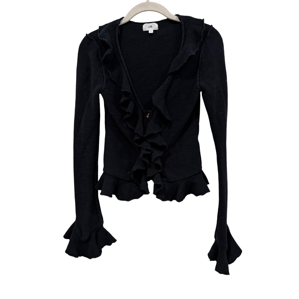 LPA Black Ruffle Knit Cardigan Silk Cotton Blend Flare Sleeve Small